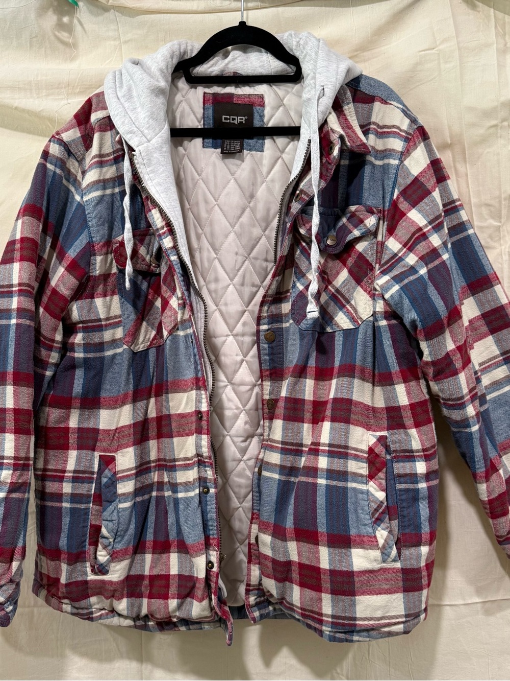 CQR Men's Quilted Hooded Plaid Jacket - Blue & Red